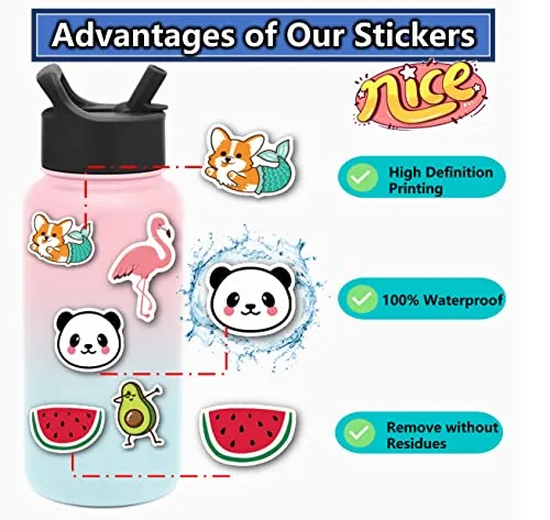 200Pcs Water Bottle Stickers for Kids Teens, Waterproof Vinyl Stickers, Aesthetic Laptop Stickers, Stickers for Water Bottles,Cute Stickers Packs