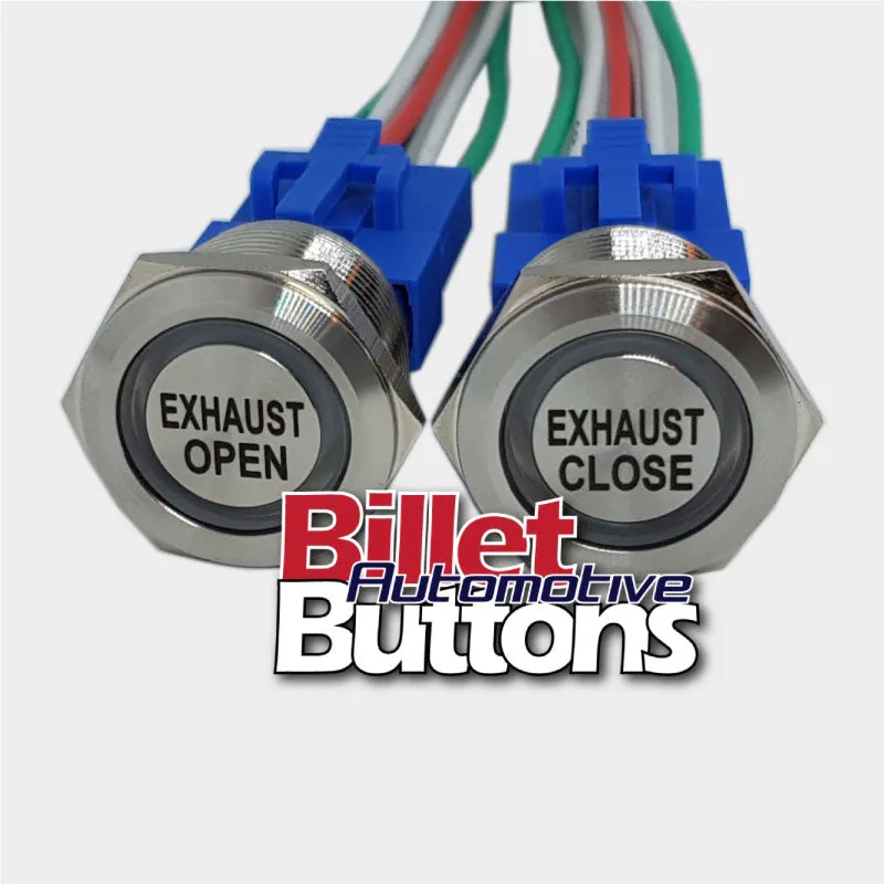 22mm Pair 'EXHAUST OPEN/CLOSE' Billet Push Buttons Switches Electric Cutouts