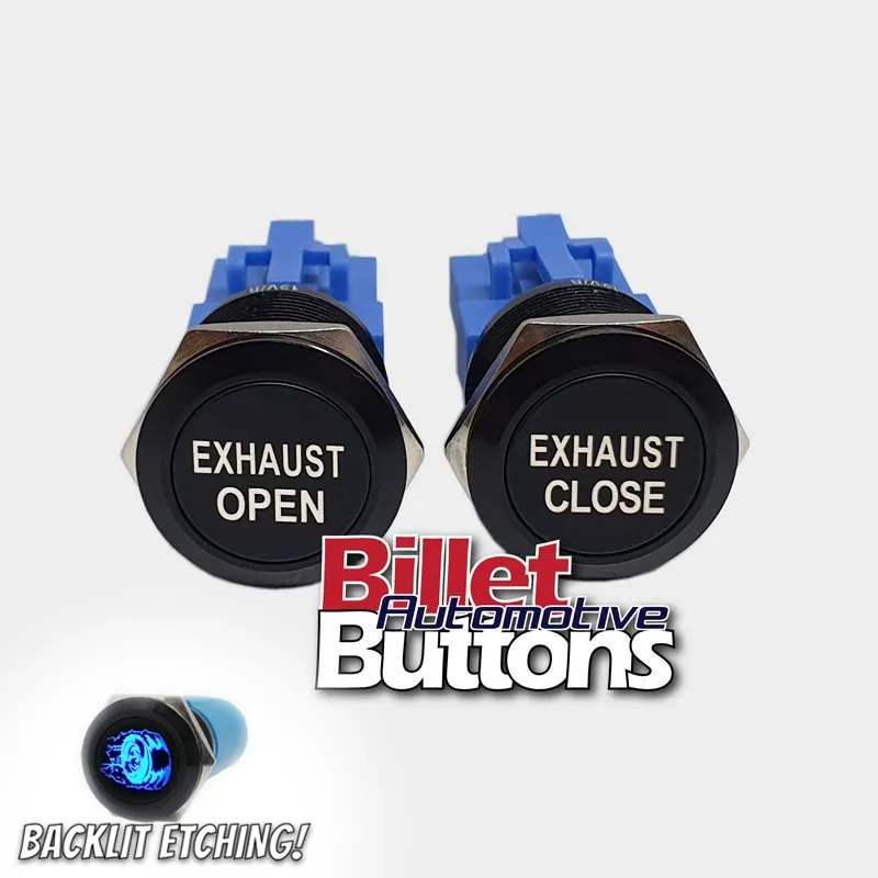 22mm Pair 'EXHAUST OPEN/CLOSE' Billet Push Buttons Switches Electric Cutouts