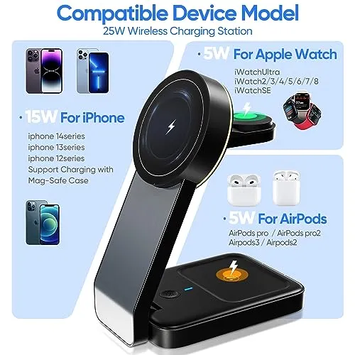 3 in 1 Wireless Charging Station for Apple Devices, Portable Mag-Safe Charger with Light, Charger Stand Compatible with iPhone 15/14/13/12 Series, Apple Watch, Airpods, (Black)