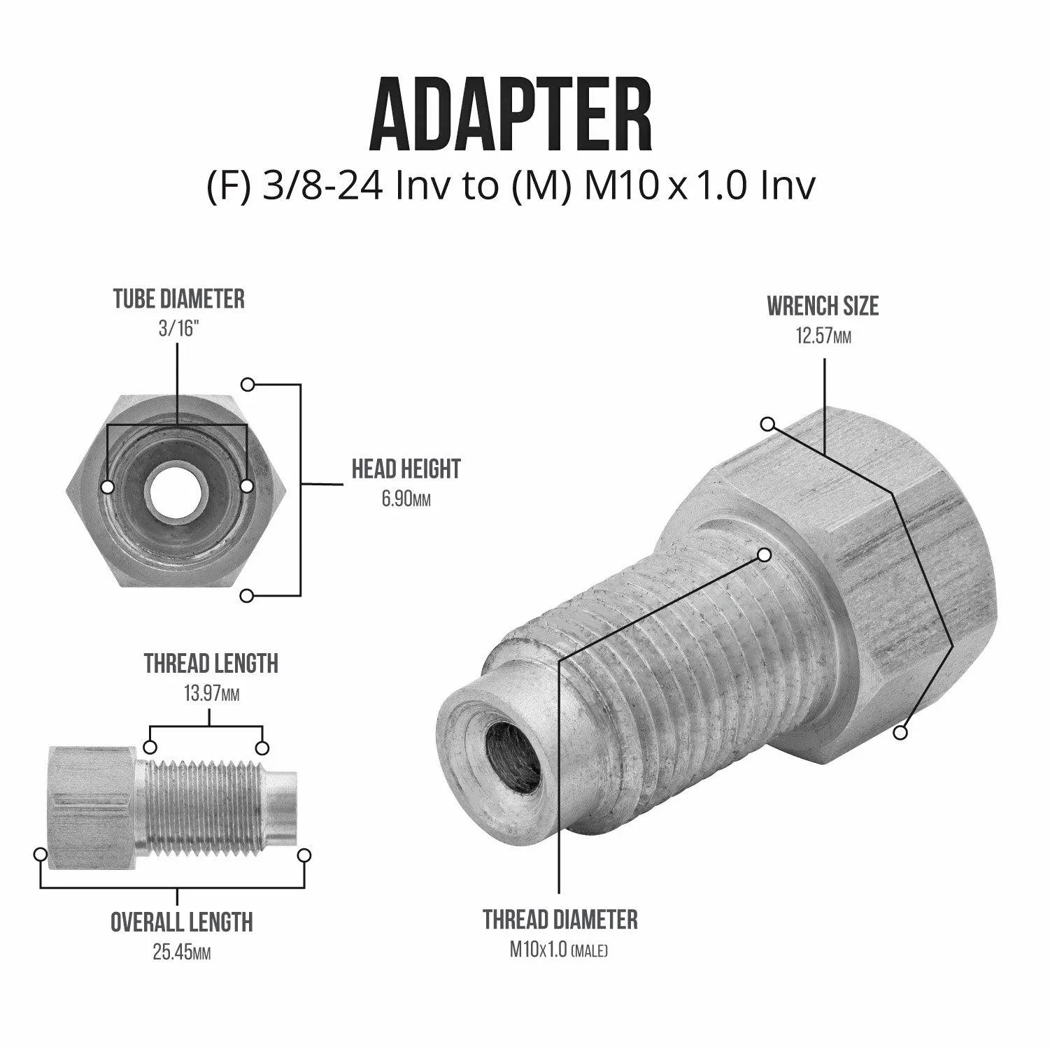 (3/8-24 Inverted)F to (M10x1.0 Inverted)M | Stainless Steel Brake Line Adapter | 10ct