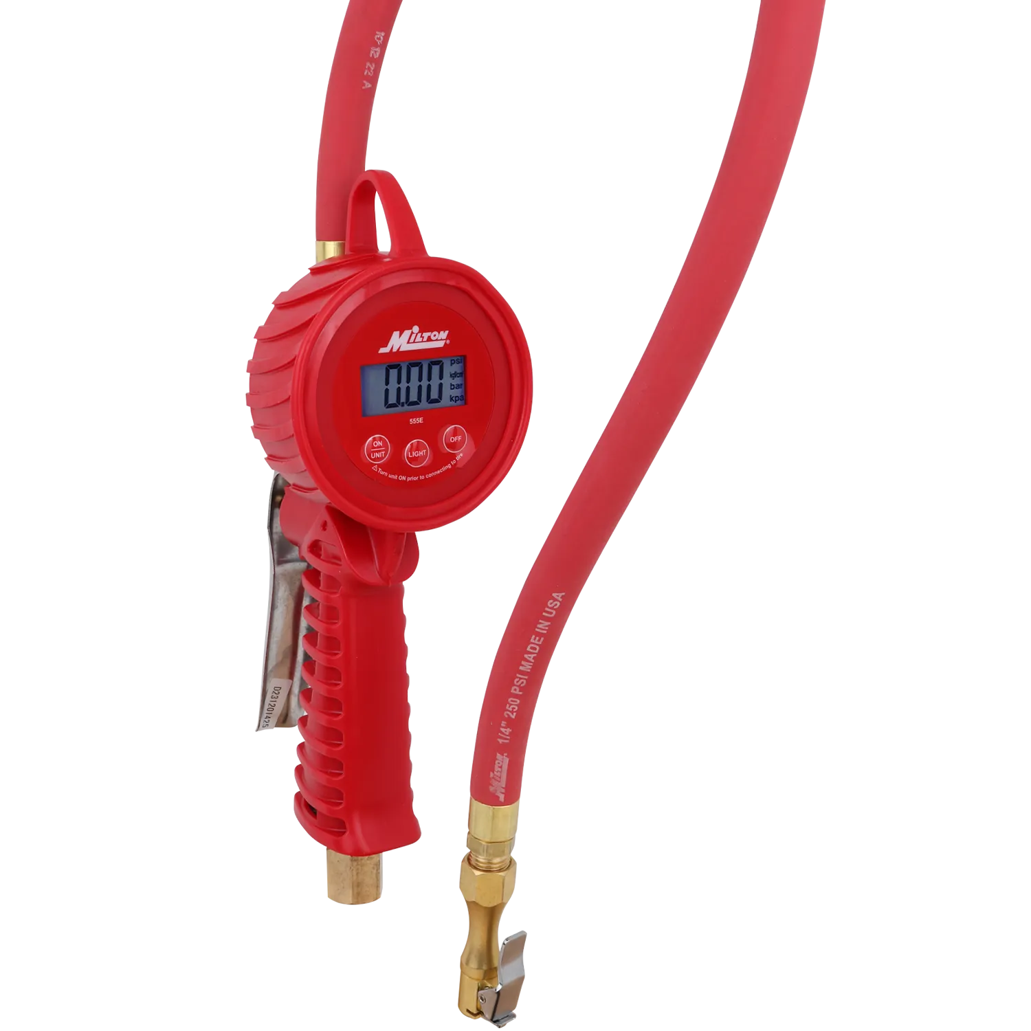 555e Digital Tire Inflator Gauge, used on multiple vehicle types, measures from 5 to 220 PSI, ± 1 PSI Accuracy