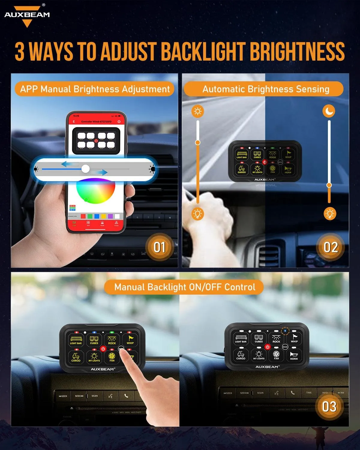 AR-800 Multifunction RGB Switch Panel with Bluetooth Controlled & 47 Inch Extension Cable(Optional) for Dodge Ram