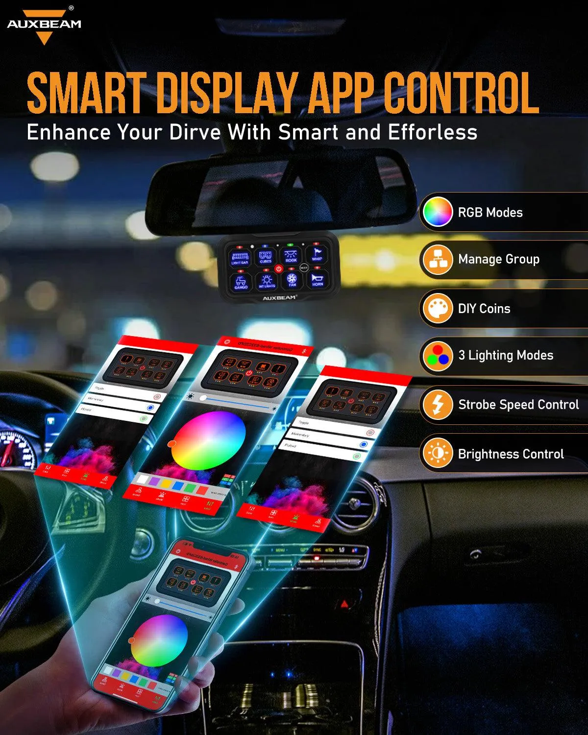 AR-800 Multifunction RGB Switch Panel with Bluetooth Controlled & 47 Inch Extension Cable(Optional) for Dodge Ram