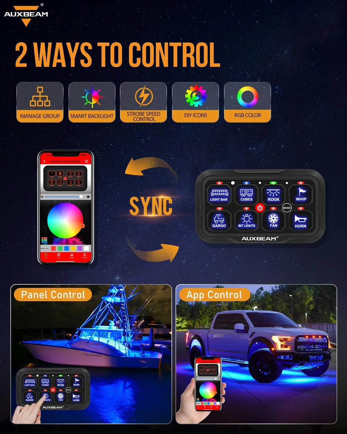 AR-800 Multifunction RGB Switch Panel with Bluetooth Controlled & 47 Inch Extension Cable(Optional) for Dodge Ram