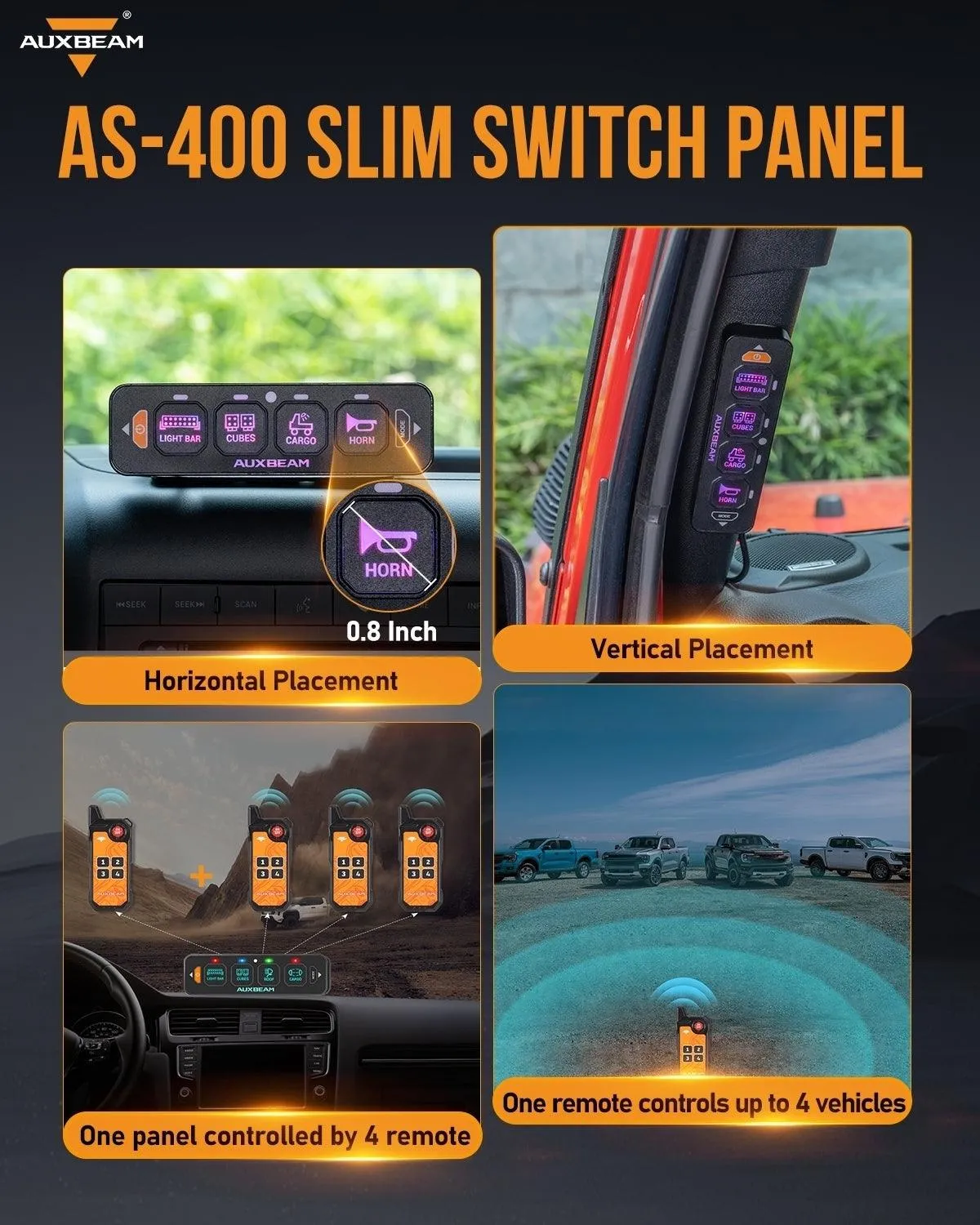 AS-400 RGB Slim Switch Panel with APP&Remote Control, Toggle/ Momentary/ Pulsed Mode Supported(One-Sided Outlet)