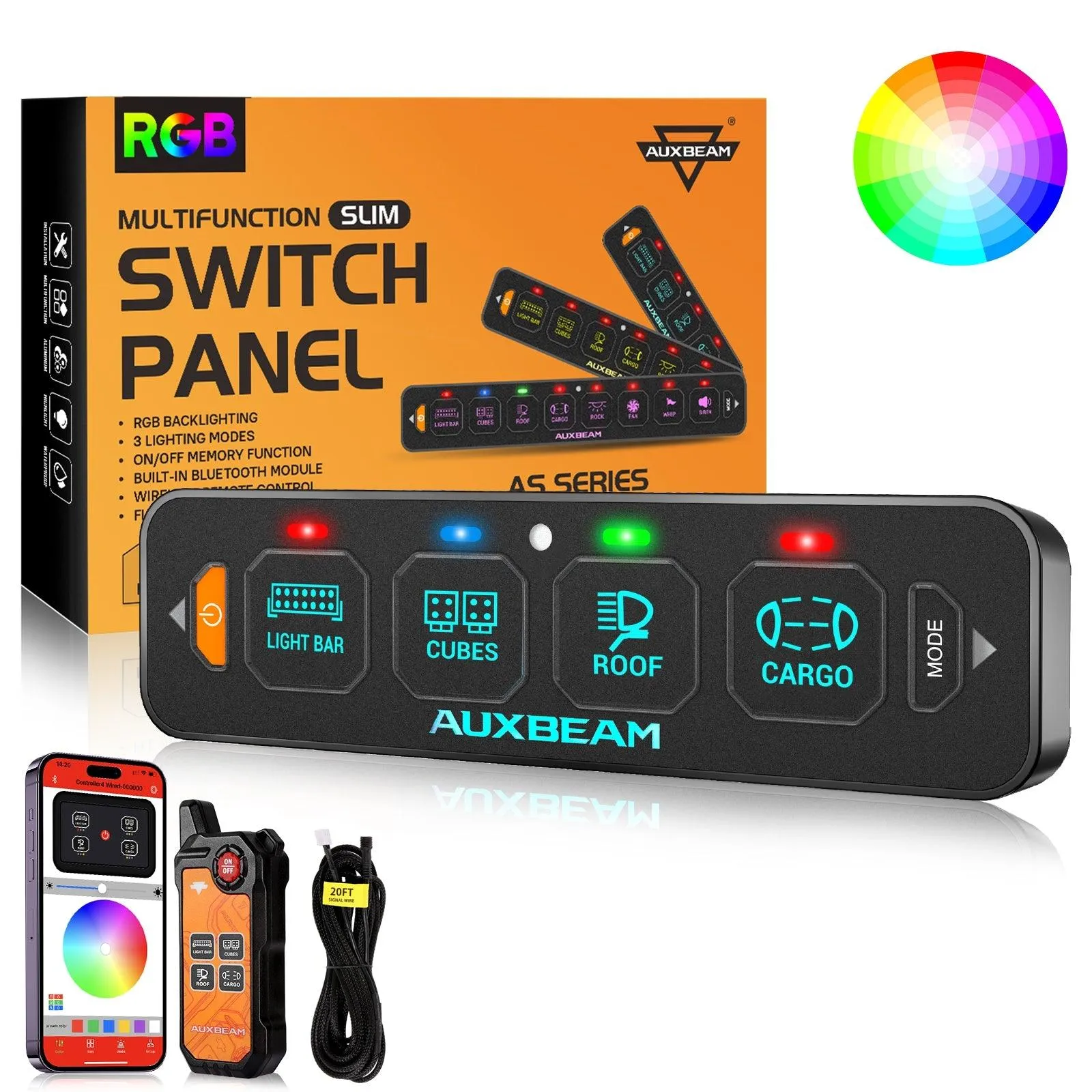 AS-400 RGB Slim Switch Panel with APP&Remote Control, Toggle/ Momentary/ Pulsed Mode Supported(One-Sided Outlet)