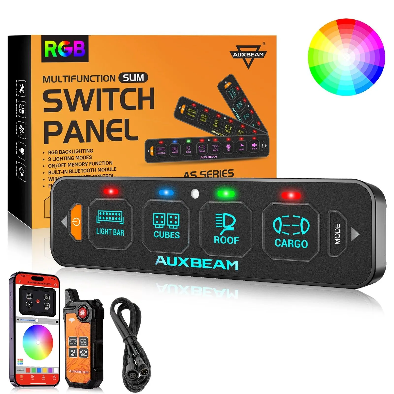 AS-400 RGB Slim Switch Panel with APP&Remote Control, Toggle/ Momentary/ Pulsed Mode Supported(One-Sided Outlet)