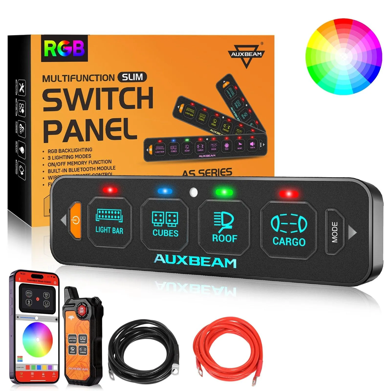 AS-400 RGB Slim Switch Panel with APP&Remote Control, Toggle/ Momentary/ Pulsed Mode Supported(One-Sided Outlet)