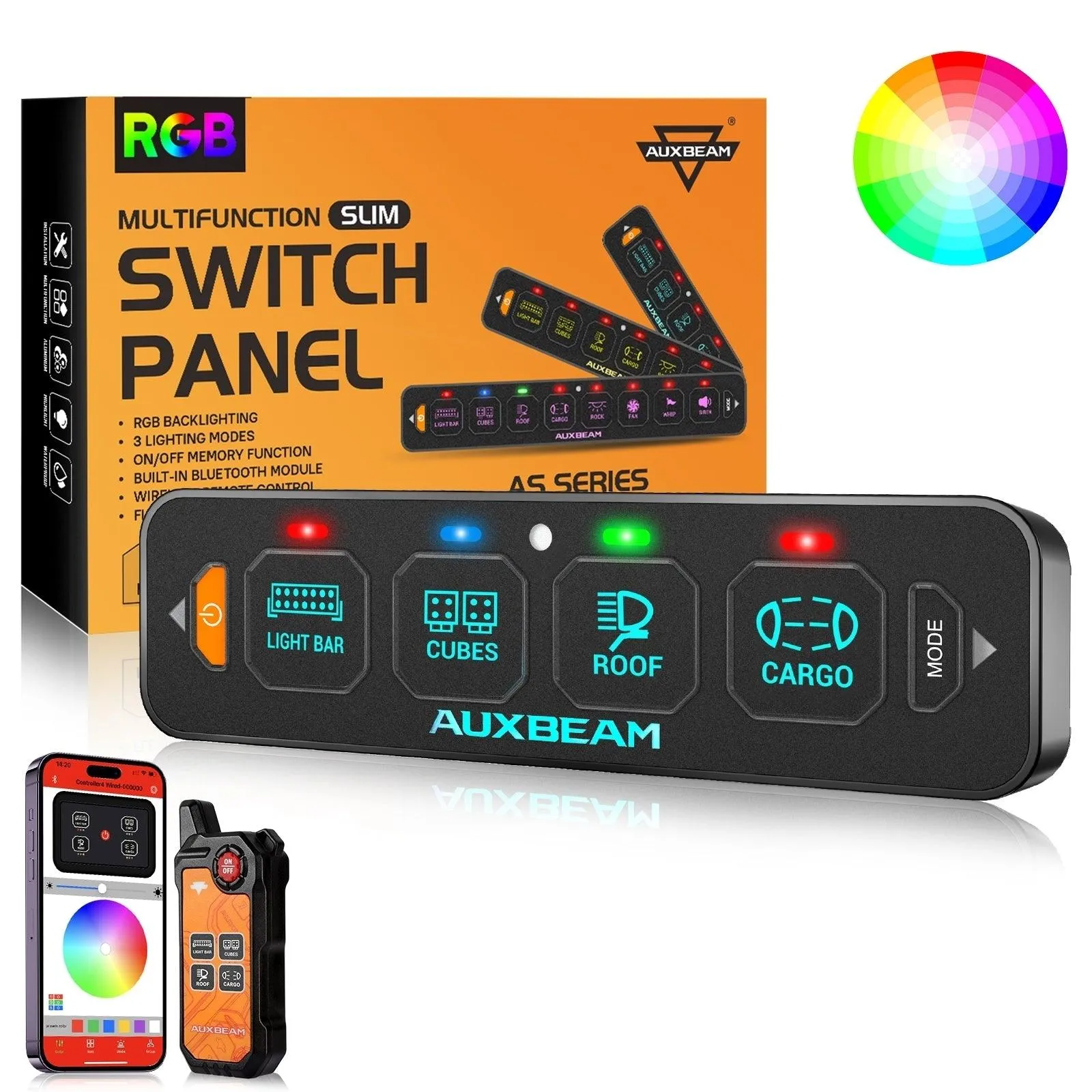 AS Series 4/6 Gang RGB Slim Switch Panel with APP&Remote Control, Toggle/ Momentary/ Pulsed Mode Supported(One-Sided Outlet)