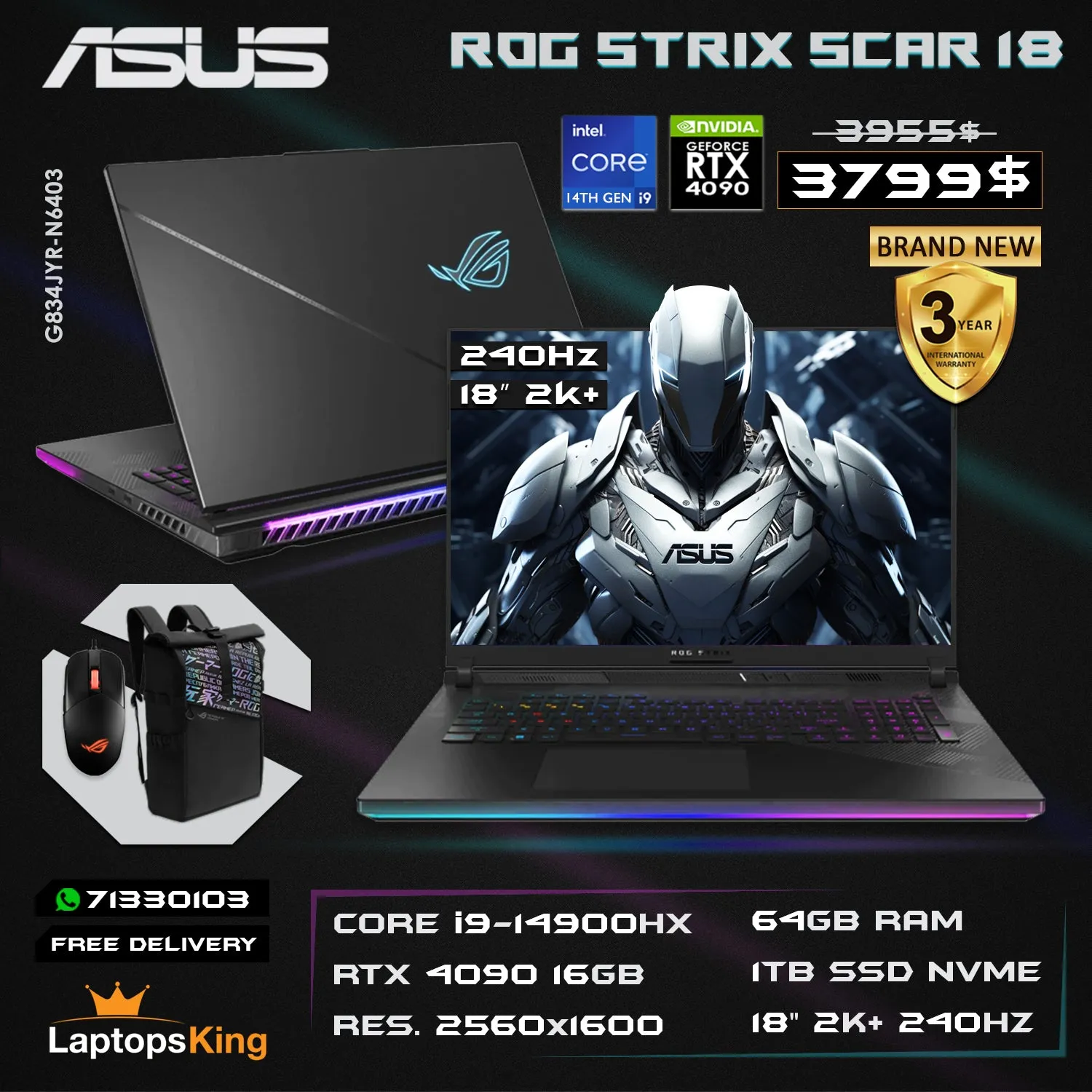 Asus Rog Strix Scar 18 G834JYR-N6403 Core i9-14900hx RTX 4090 240hz 2k  Gaming Laptop Offer (Brand New)