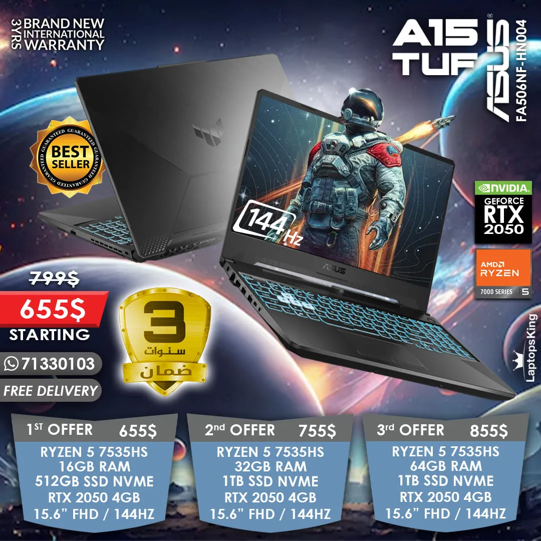 Asus Tuf A15 FA506NF-HN004 Ryzen 5 7535hs Rtx 2050 144hz 15.6" Military Grade Gaming Laptops (Brand New)