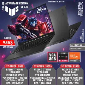 Asus Tuf A16 Advantage Edition FA617NT-A16.R77700 Ryzen 7 7735hs Radeon Rx 7700s 8gb 165hz 16" Gaming Laptops (Brand New)