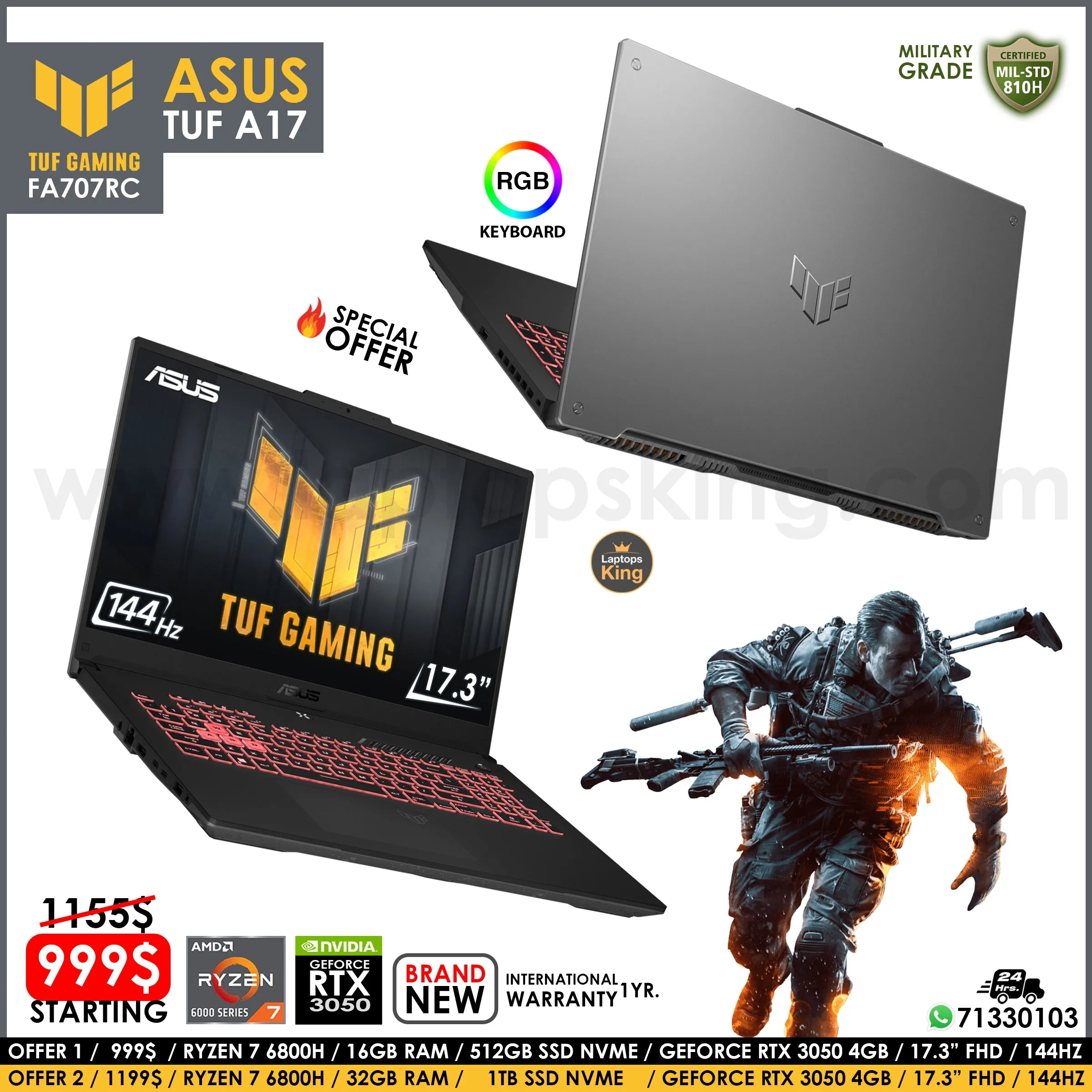 Asus Tuf A17 FA707RC Military Grade Ryzen 7 6800h Rtx 3050 144Hz 17.3" Gaming Laptop (Brand New)