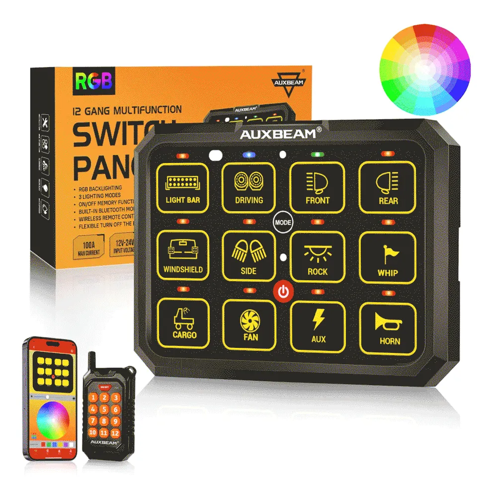 Auxbeam - AC-1200 RGB Switch Panel with App & Remote Control, Toggle/Momentary/Pulsed Mode Supported (One-Sided Outlet)