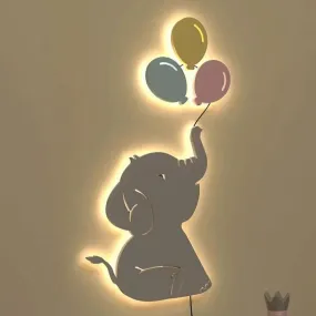 Baby Elephant Playing With Balloon Wooden Backlit For Kids Room Decor | 13.5 x 24 inches