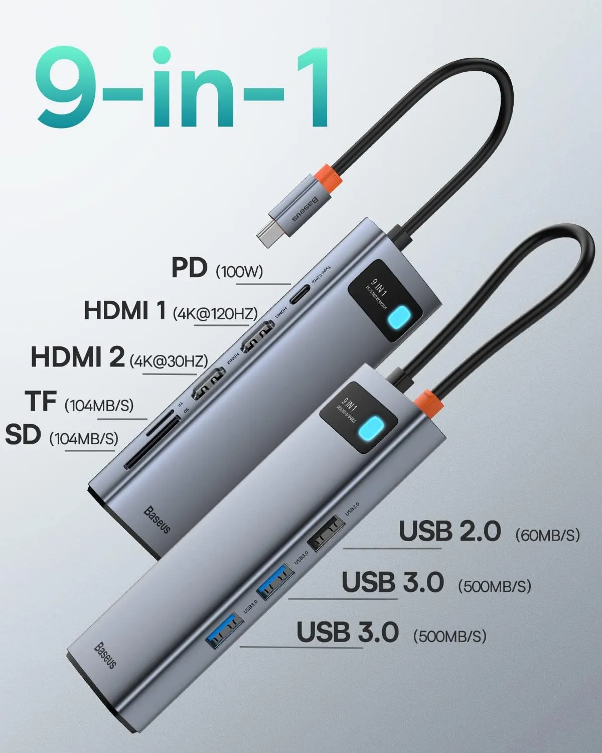 Baseus Laptop Docking Station Dual Monitor 4K@120Hz, 9 in 1 USB C Hub with 2 HDMI, 1000Mbps LAN, 100W PD, 3 USB, SD Card Reader, USB C Dock Compatible with iPhone 15/Mac/Dell/HP/Surface/Steam Deck