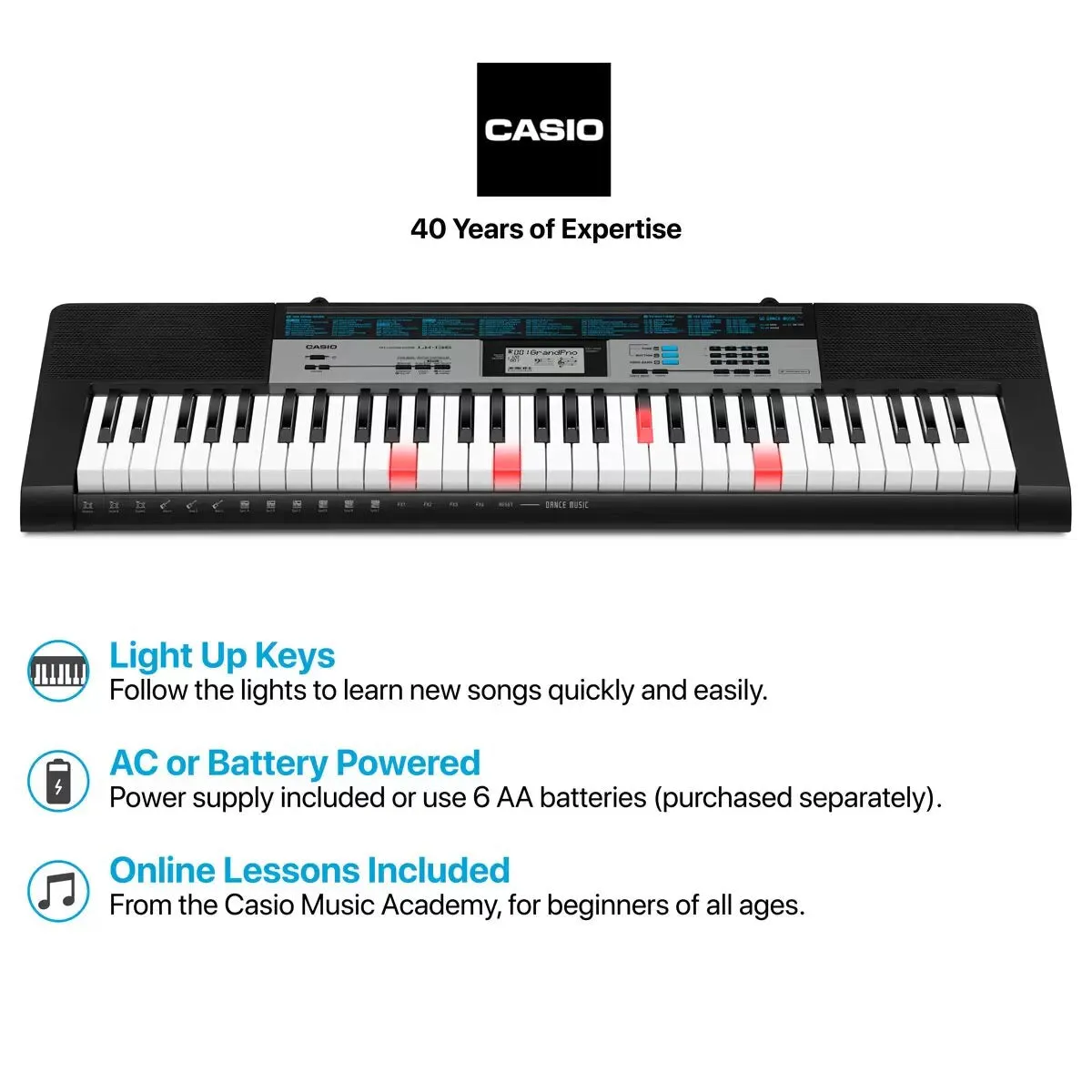 Casio LK136 Portable Key-Lighting Keyboard | 61 Keys, 120 Tones, 70 Rhythms, Dance Music Mode, Lessons & Warranty