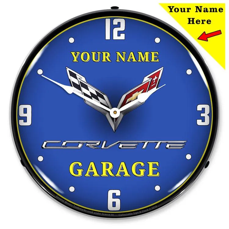 Collectable Sign and Clock - Add Your Name C7 Corvette Garage Clock