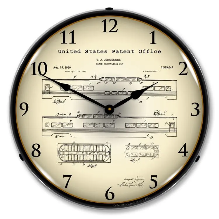 Collectable Sign and Clock - Railroad Domed Observation Train Car 1946 Patent Clock