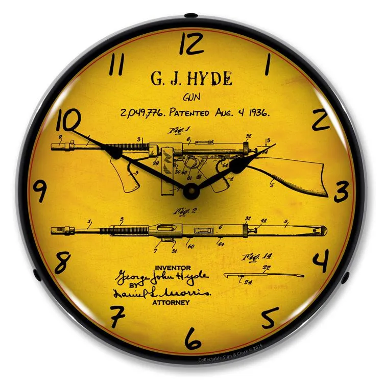 Collectable Sign and Clock - Thompson Sub Machine Gun Patent Clock