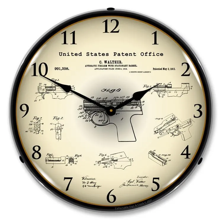 Collectable Sign and Clock - Walther PPK Firearm 1911  Patent Clock