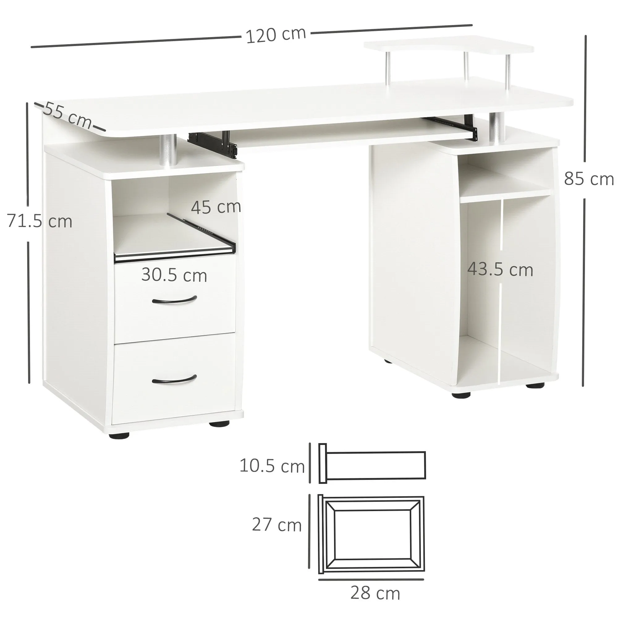 Computer Desk Office PC Table Workstation with  Keyboard Tray, CPU Shelf, Drawers, Sliding Scanner Shelf, White w/ Drawer