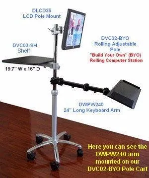 DWPW240 Extra Long Pole Keyboard Arm  24 inch Pole or Wall Keyboard Arm 100% Metal