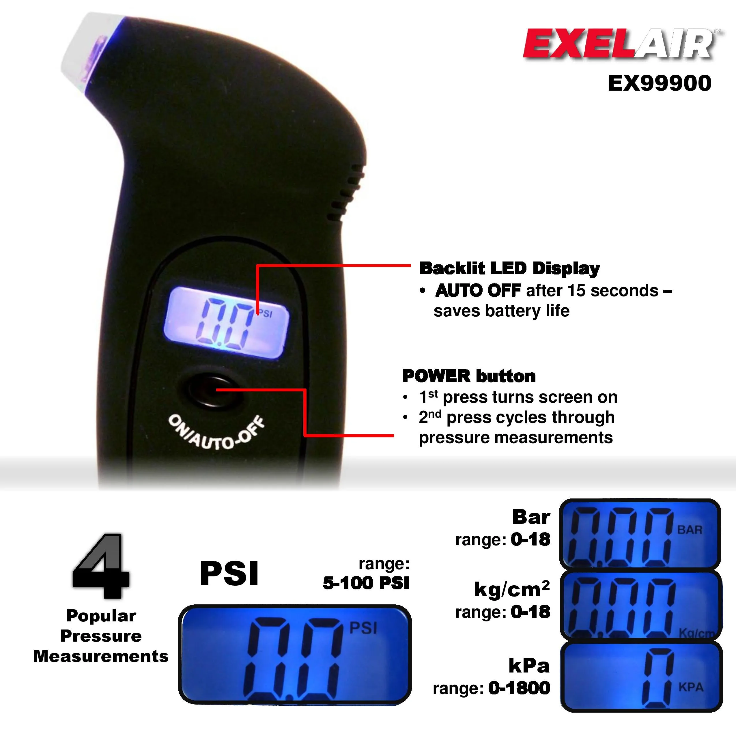 EXELAIR® by Milton® Digital Tire Gauge, LED Light Tip, 5-100 PSI (EX99900)