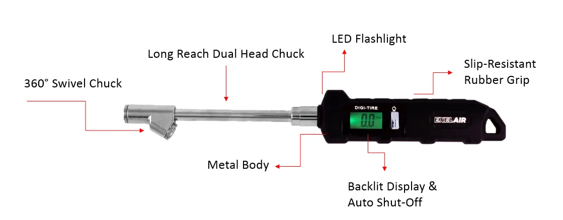 EXELAIR® by Milton® Digital Tire Pressure Gauge w/ Extended 360 Swivel Dual Head Air Chuck, 5-100 PSI