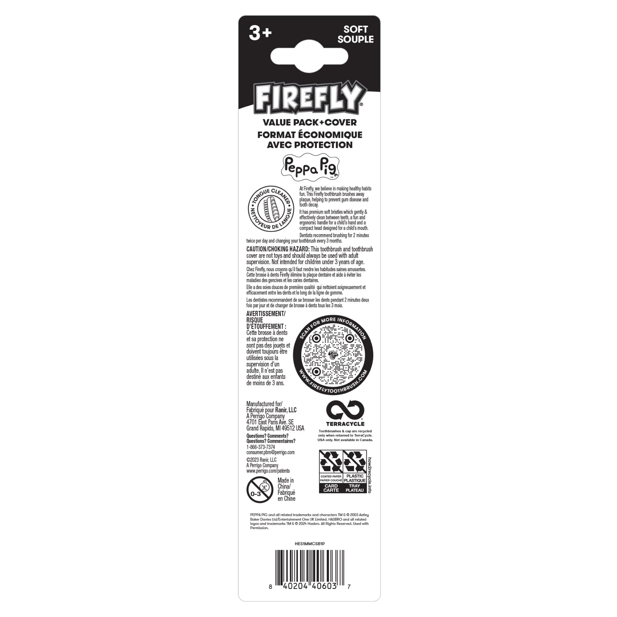 Firefly Peppa Pig Soft Bristled Toothbrush with Protective Cap, Ages 3 , 3 Count Value Pack