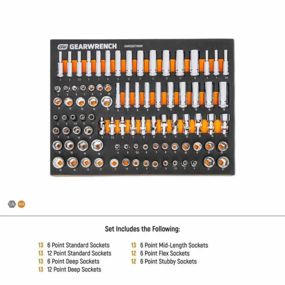 Gearwrench GWMSSKT14MM 89 Piece 1/4” Drive Master Metric Socket Set in Foam Storage Tray