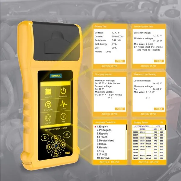 GT-BT760 - Autool Car Battery Tester with Printer 6- 32V Battery Test & Cranking Test & Charging Test & Max Load Test