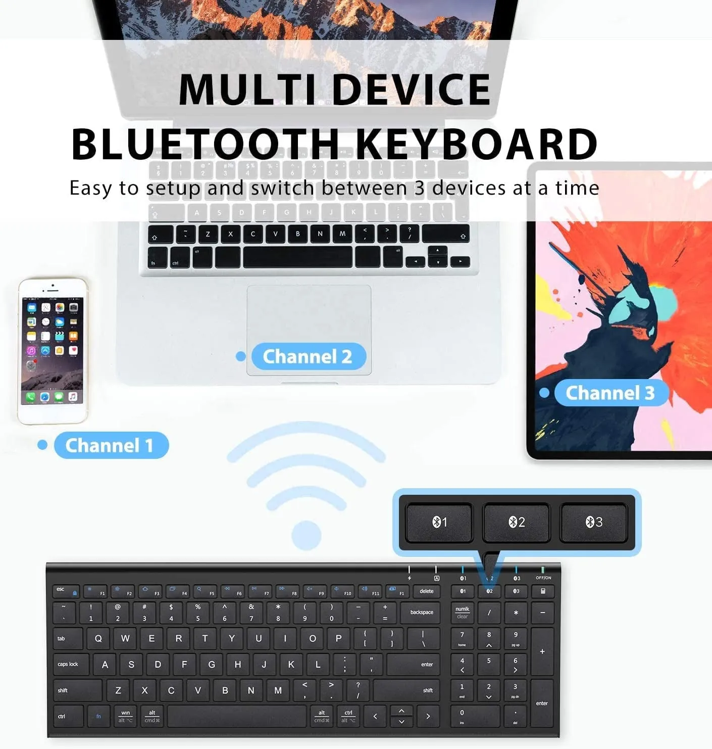 Iclever BK10 Bluetooth Keyboard, Multi Device Keyboard Rechargeable Bluetooth 5.1 with Number Pad Ergonomic Design Full Size Stable Connection Keyboard for Ipad, Iphone, Mac, Ios, Android, Windows