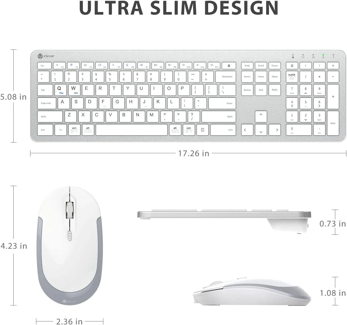 Iclever GK08 Wireless Keyboard and Mouse - Rechargeable, Ergonomic, Quiet, Full Size Design with Number Pad, 2.4G Stable Connection Slim Mac Keyboard and Mouse for Windows Mac OS Computer