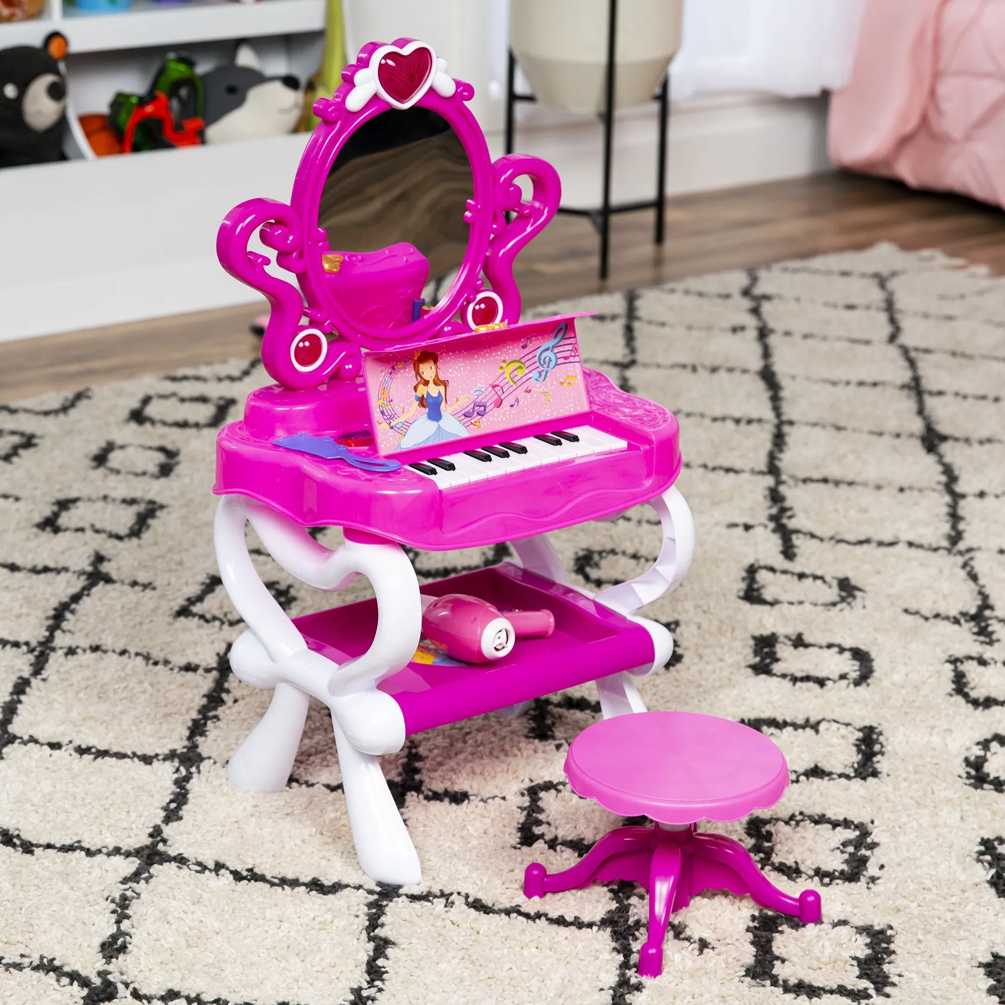 Kids Princess Vanity Toy Set and Keyboard Combo w/ Stool, Accessories