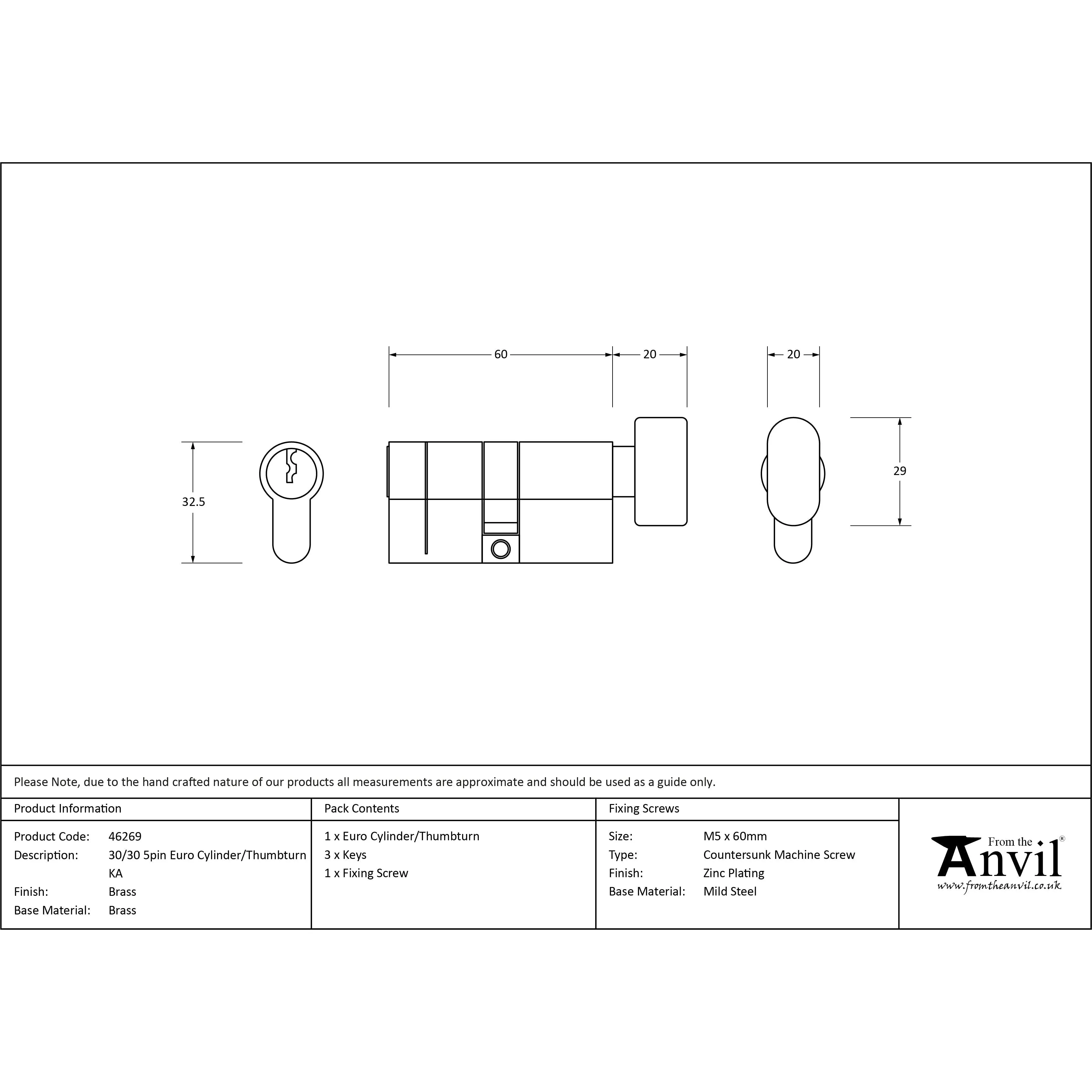 Lacquered Brass 30/30 5pin Euro Cylinder/Thumbturn KA | From The Anvil