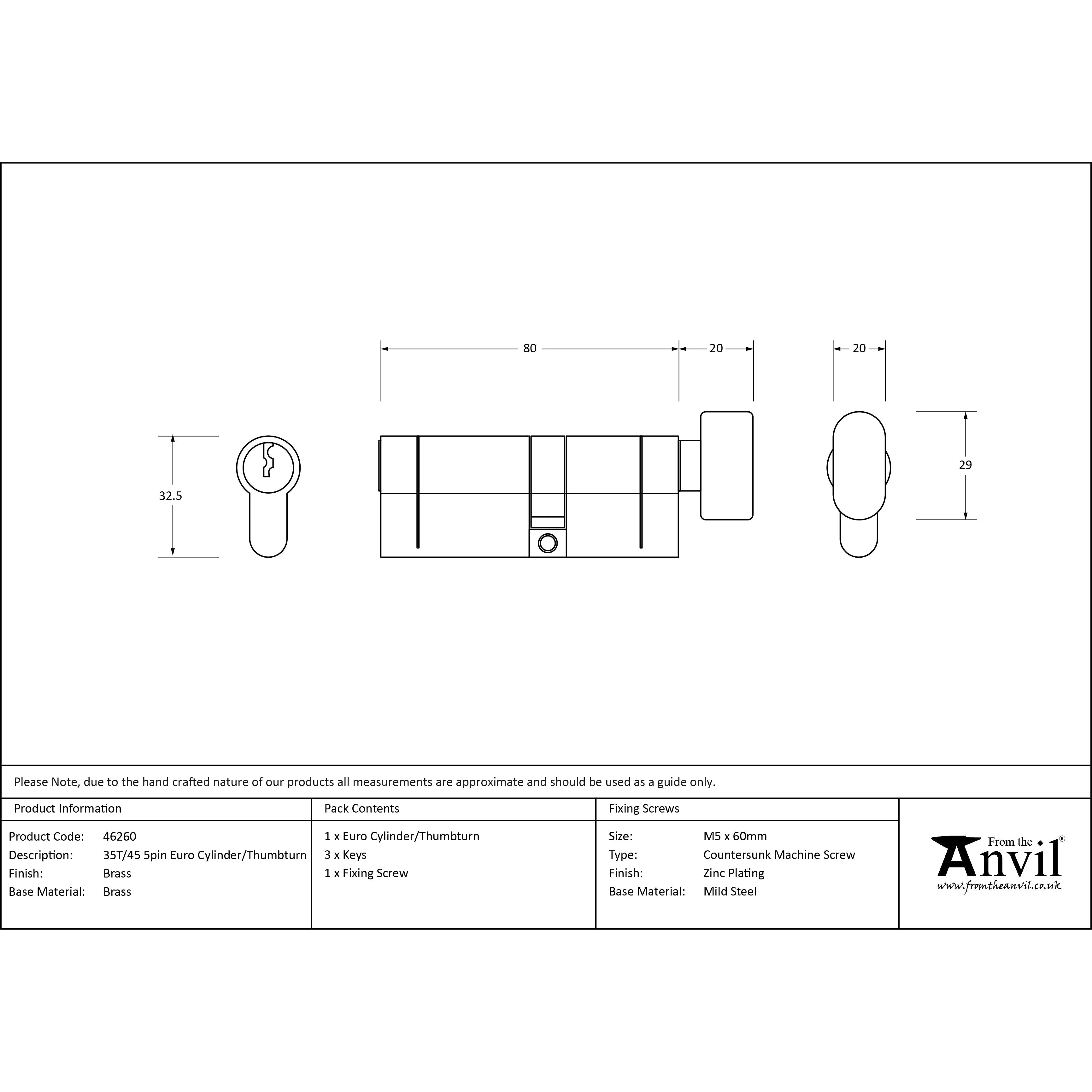 Lacquered Brass 35T/45 5pin Euro Cylinder/Thumbturn | From The Anvil