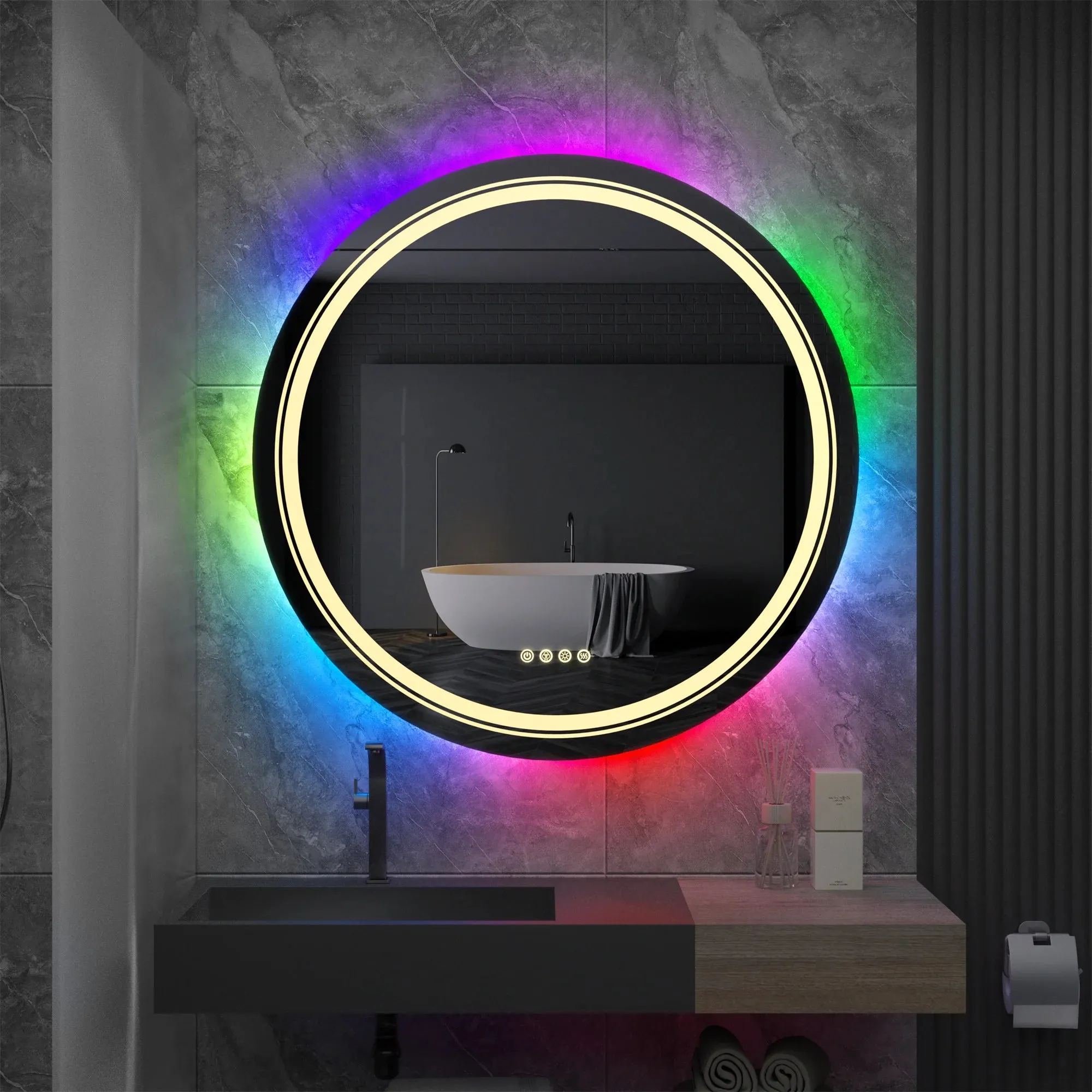 Large Round Lighted Bathroom Mirror with RGB LED, Anti-Fog & Dimmable Backlit