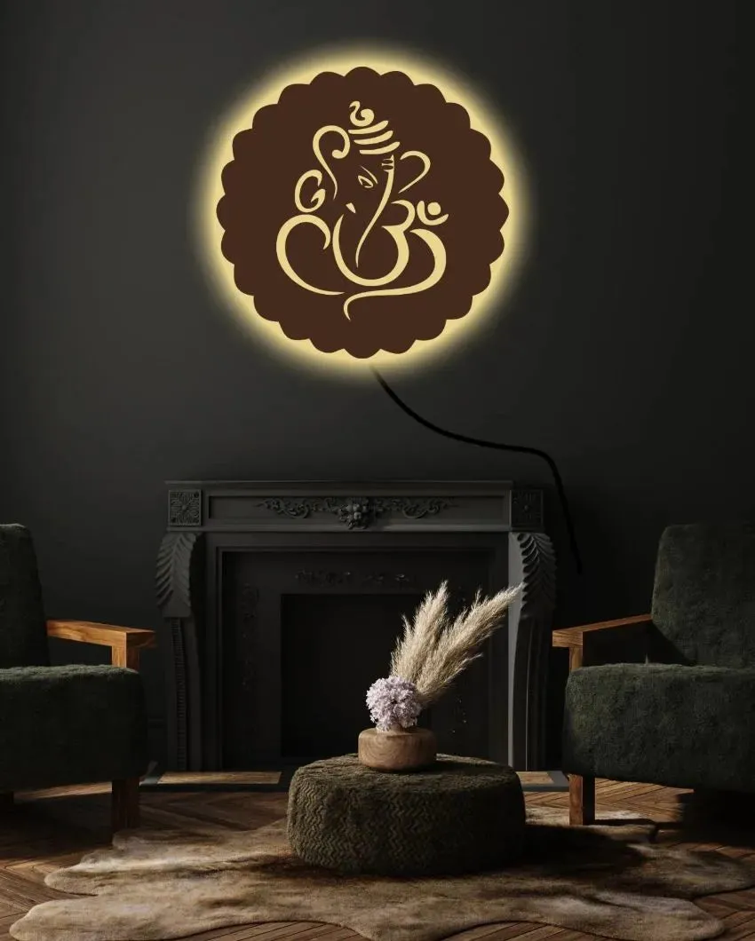 Laser Cut Lord Ganesha Brown Wooden Wall Decorative LED Backlit