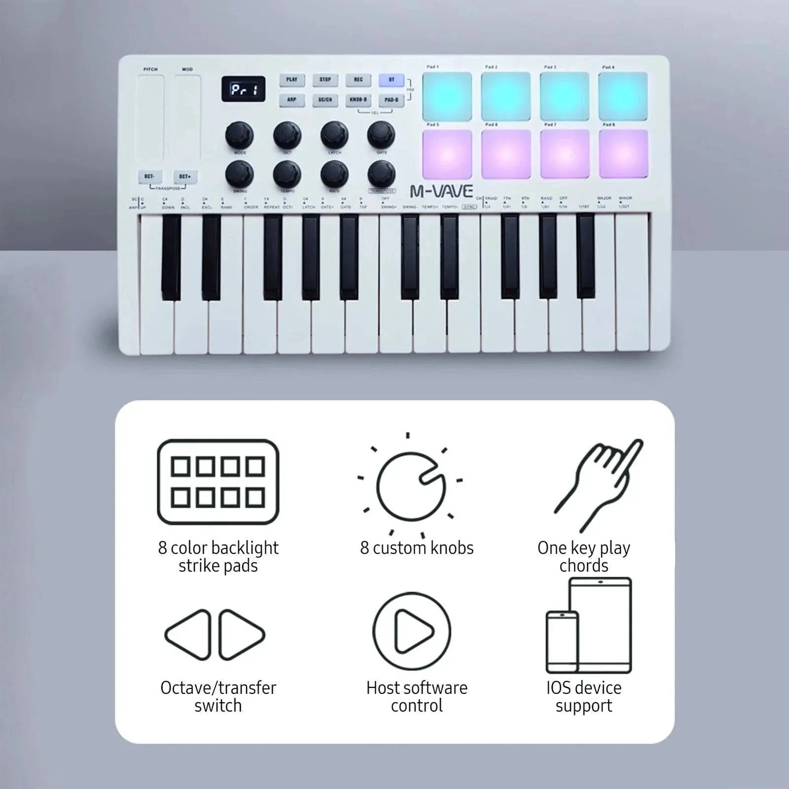 M-VAVE 25-Key MIDI Control Keyboard Mini Portable USB Keyboard with 25 Velocity Sensitive Keys 8 RGB Backlit Pads 8 Knobs