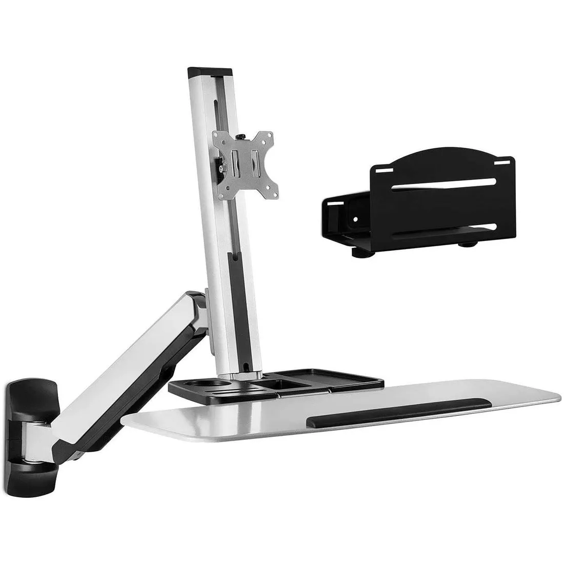 MI-7905 Sit-Stand Wall-Mount Adjustable-Height Computer Station w/ Articulating Monitor Mount, Keyboard Tray & CPU Holder