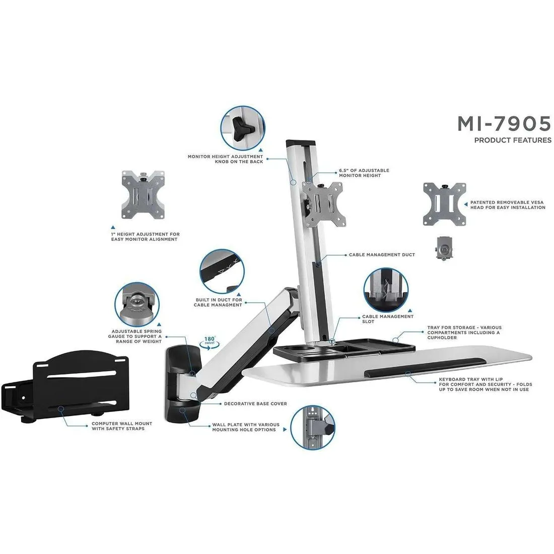 MI-7905 Sit-Stand Wall-Mount Adjustable-Height Computer Station w/ Articulating Monitor Mount, Keyboard Tray & CPU Holder