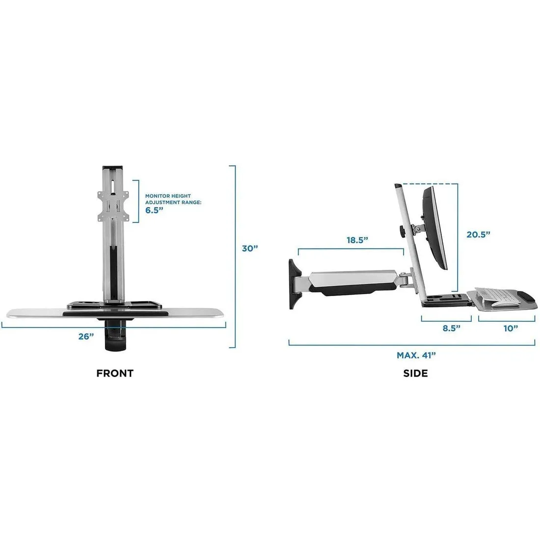 MI-7905 Sit-Stand Wall-Mount Adjustable-Height Computer Station w/ Articulating Monitor Mount, Keyboard Tray & CPU Holder