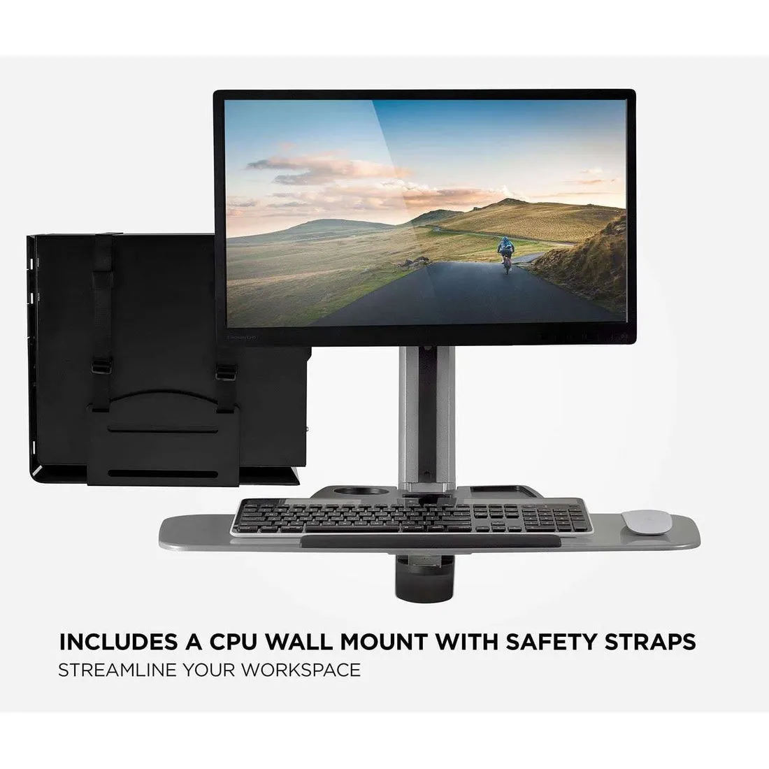 MI-7905 Sit-Stand Wall-Mount Adjustable-Height Computer Station w/ Articulating Monitor Mount, Keyboard Tray & CPU Holder