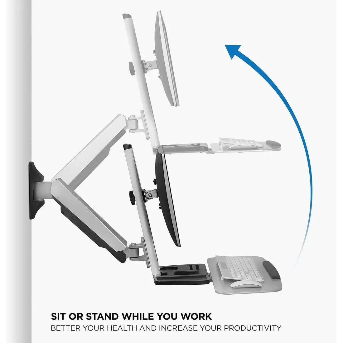 MI-7905 Sit-Stand Wall-Mount Adjustable-Height Computer Station w/ Articulating Monitor Mount, Keyboard Tray & CPU Holder