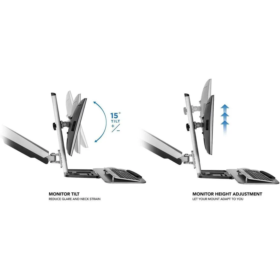 MI-7905 Sit-Stand Wall-Mount Adjustable-Height Computer Station w/ Articulating Monitor Mount, Keyboard Tray & CPU Holder