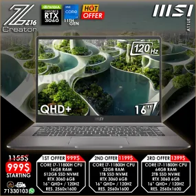 Msi Creator Z16 A11UE SteelSeries Core i7-11800h Rtx 3060 120hz Qhd  16" Laptop Offers (New)