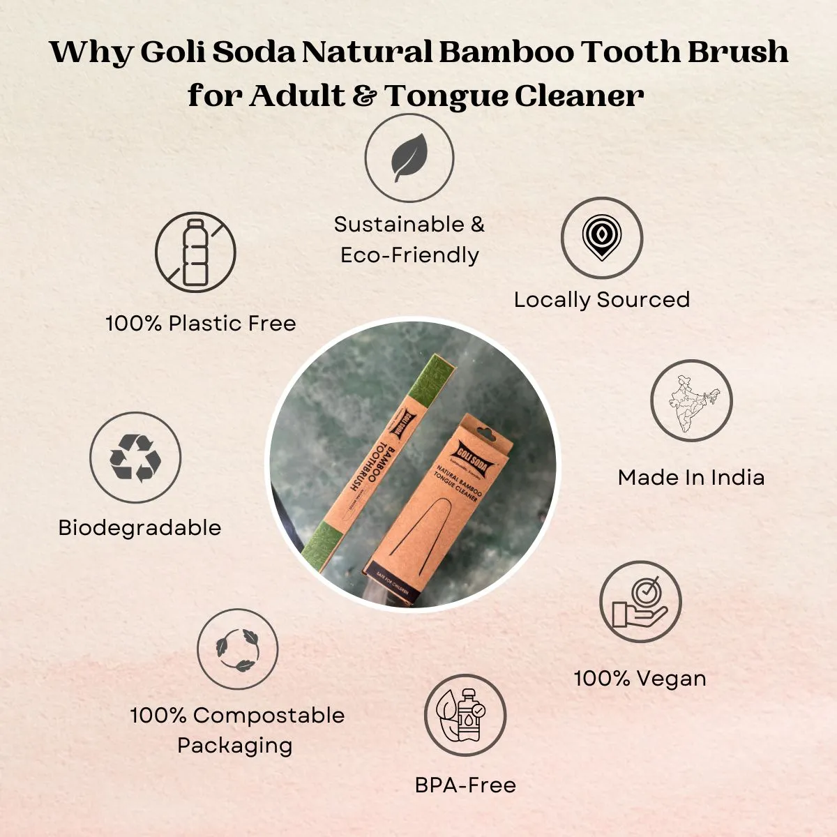 Natural Bamboo Toothbrush with Soft Plant Bristles & Bamboo Tongue Cleaner- Combo Pack