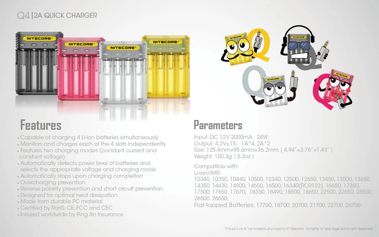 Nitecore Q4 4-Slot Universal IMR/Li-Ion Battery Charger (Lemonade)